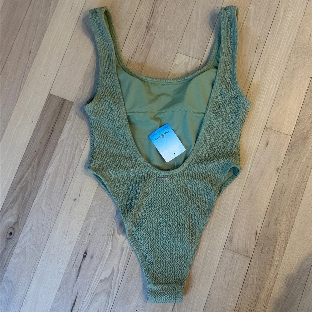River Island crinkle textured one-piece swimsuit in khaki 10